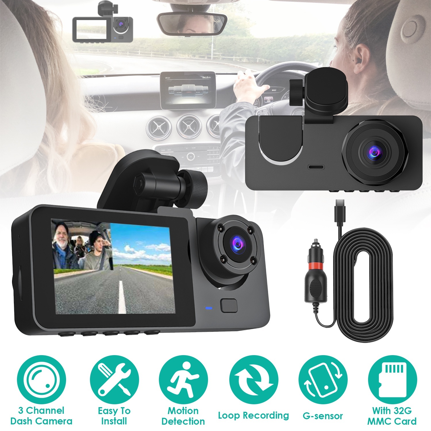 0c425d56-1e24-4b0a-9a75-f98146663182.jpg 3 Channel Dash Cam Front Inside Rear Vehicle Driving Recorder Car DVR With 32G MMC Card G Sensor Motion Detection Parking Monitor Loop Recording - Image 1