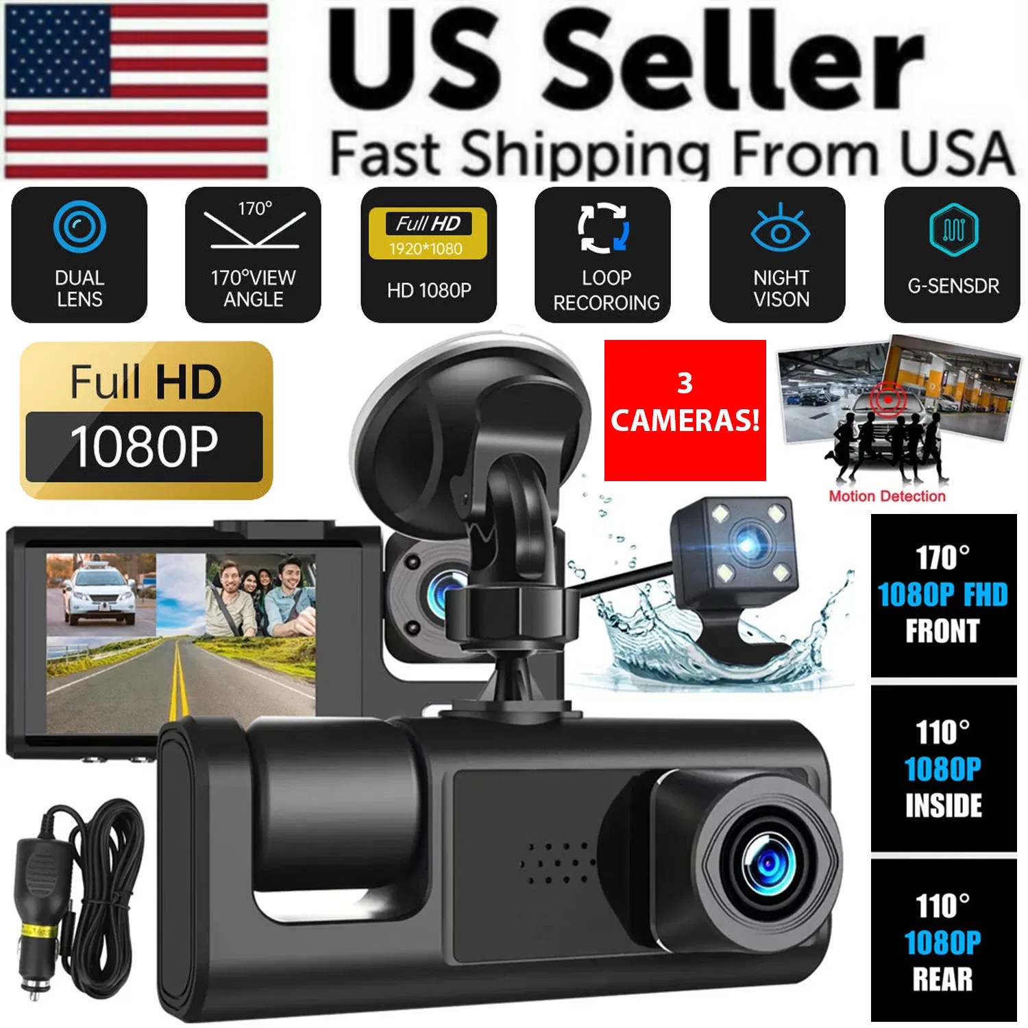5693423a-1b2f-4f4f-ae5a-4a913afd39f3.jpg Car Dual Lens Dash Cam HD 1080P Front Rear Inside Video Recorder Camera G-Sensor - Image 1
