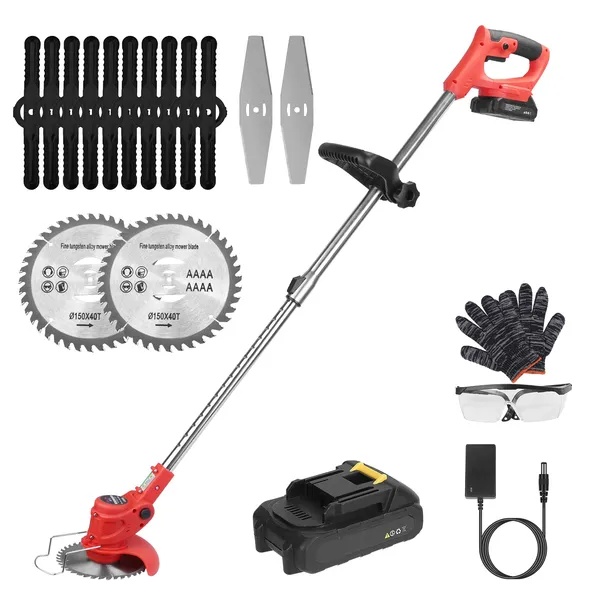 97cdcd46-8ebf-4e23-a217-a38e57d60a2d.jpg Electric Cordless Grass Trimmer Rechargeable Lawn Mower Weed Cutter With Alloy Saw Blade 2 Alloy Blades 5 Plastic Blades 2 Rechargeable Batteries Goggles Gloves Auxiliary Handle - Image 1