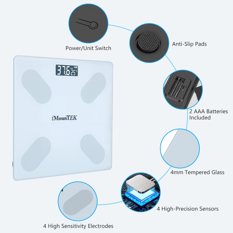 CJZN282480501AZ Smart Digital Scale For Body Weight High Accuracy BMI Weight Scale Full Body Composition Analysis Sync With APP 4mm Tempered Glass 397LBS Capacity LCD Display - White - Image 1