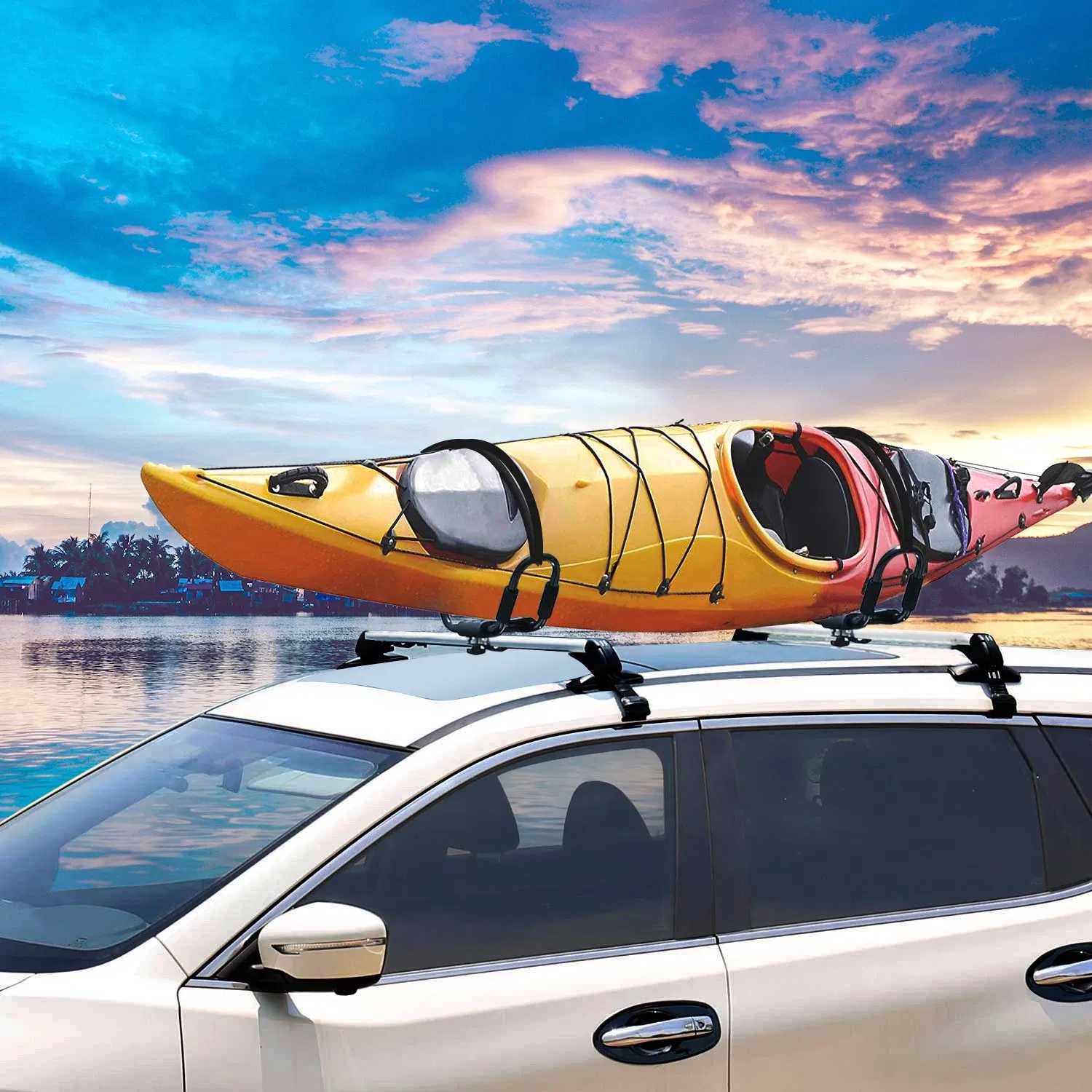 db44a240-30d6-4195-99d7-0a40ae225b3d.jpg Universal Kayak Roof Rack J Bar, 1 Pairs-Bar Rack HD Kayak Carrier Canoe Boat Surf Ski Roof Top Mount Car SUV Crossbar - Image 1