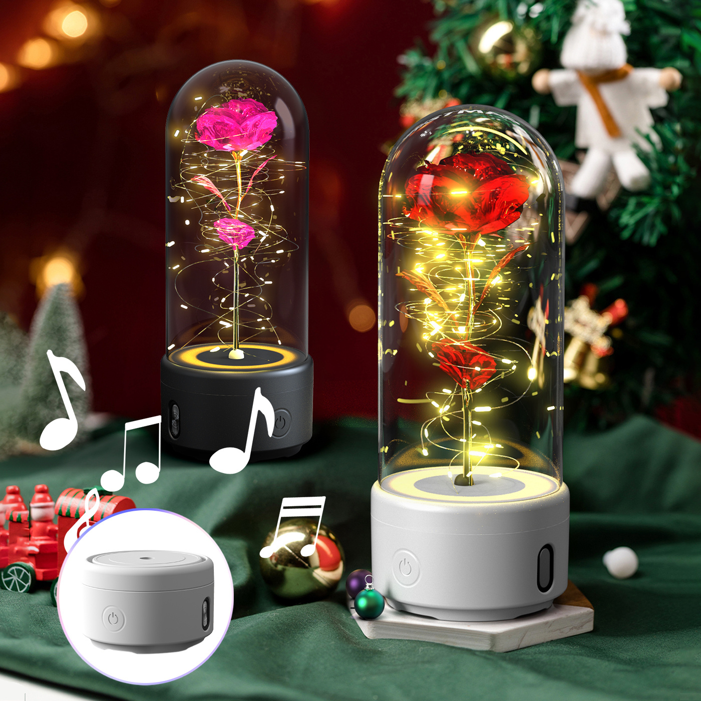 138a212c-7349-4d6e-ab2e-cb5ee0a952ba.jpg Creative 2 In 1 Rose Flowers LED Light And Bluetooth-compatible Speaker Valentine's Day Gift Rose Luminous Night Light Ornament In Glass Cover - Image 1