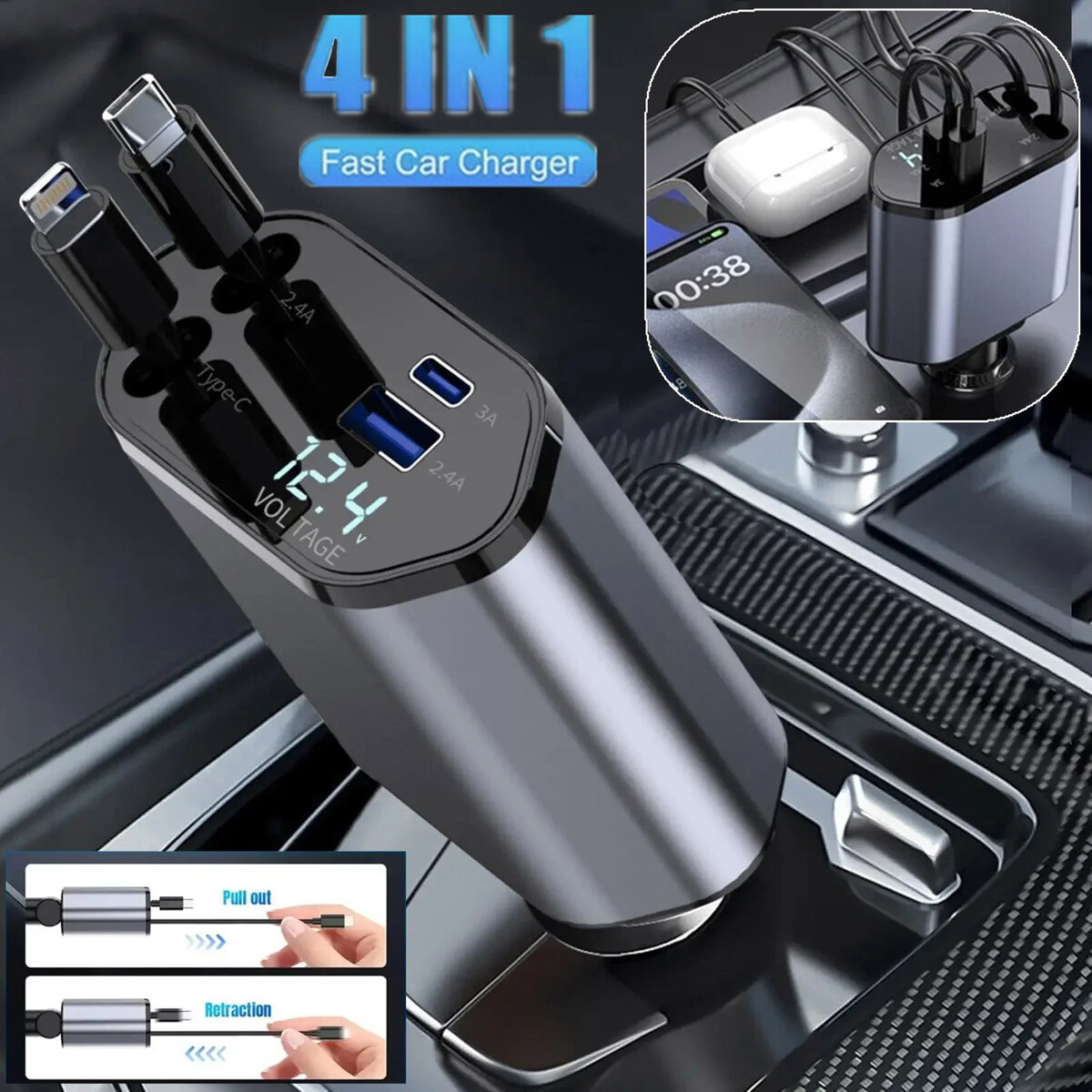33a4a277-8a50-45ef-86ab-c549d44a4749.jpg 4 In 1 Retractable Car Charger Fast Car Phone Charger 120W With USB Type C Cable - Image 1
