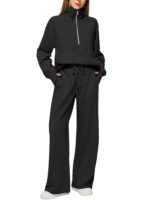 Woman Solid Color Half Zip Long Sleeve Sweatshirt And Wide Leg Pants Set Casual Sporty Two Piece Outfit Women's Suit - Image 6