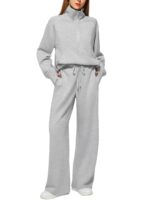 Woman Solid Color Half Zip Long Sleeve Sweatshirt And Wide Leg Pants Set Casual Sporty Two Piece Outfit Women's Suit - Image 8