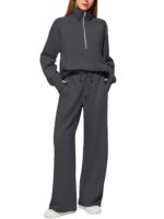 Woman Solid Color Half Zip Long Sleeve Sweatshirt And Wide Leg Pants Set Casual Sporty Two Piece Outfit Women's Suit - Image 3