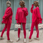 Sweater Suit Women's Casual Loose Long Sleeve Crew Neck Split Top Tight Trousers - Image 10