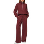Woman Solid Color Half Zip Long Sleeve Sweatshirt And Wide Leg Pants Set Casual Sporty Two Piece Outfit Women's Suit - Image 7
