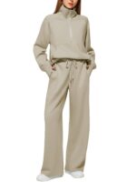 Woman Solid Color Half Zip Long Sleeve Sweatshirt And Wide Leg Pants Set Casual Sporty Two Piece Outfit Women's Suit - Image 9