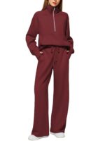 Woman Solid Color Half Zip Long Sleeve Sweatshirt And Wide Leg Pants Set Casual Sporty Two Piece Outfit Women's Suit - Image 4