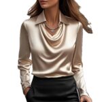 Women's Swing Collar Draped Shirts & Blouses Elegant Solid Satin Office Ladies Top Pullover Spring Long Sleeve Casual Tops - Image 4