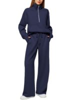 Woman Solid Color Half Zip Long Sleeve Sweatshirt And Wide Leg Pants Set Casual Sporty Two Piece Outfit Women's Suit - Image 5