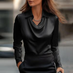 Women's Swing Collar Draped Shirts & Blouses Elegant Solid Satin Office Ladies Top Pullover Spring Long Sleeve Casual Tops - Image 8
