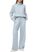 Woman Solid Color Half Zip Long Sleeve Sweatshirt And Wide Leg Pants Set Casual Sporty Two Piece Outfit Women's Suit - Image 10