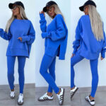 Sweater Suit Women's Casual Loose Long Sleeve Crew Neck Split Top Tight Trousers - Image 6