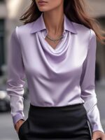 Women's Swing Collar Draped Shirts & Blouses Elegant Solid Satin Office Ladies Top Pullover Spring Long Sleeve Casual Tops - Image 3