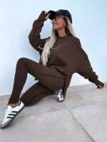 Sweater Suit Women's Casual Loose Long Sleeve Crew Neck Split Top Tight Trousers - Image 7