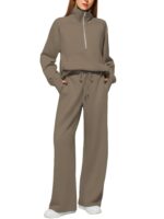 Woman Solid Color Half Zip Long Sleeve Sweatshirt And Wide Leg Pants Set Casual Sporty Two Piece Outfit Women's Suit - Image 2